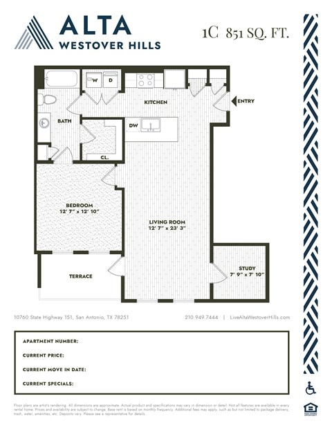 Floor plan for 1 bed, 1 bath, 851 sqft